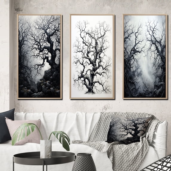 Designart "Grey Tree Eternal Forms II" Landscape Trees Framed Wall Art Set Of 3 - Grey Trees Frame Canvas Set For Living Room Decor