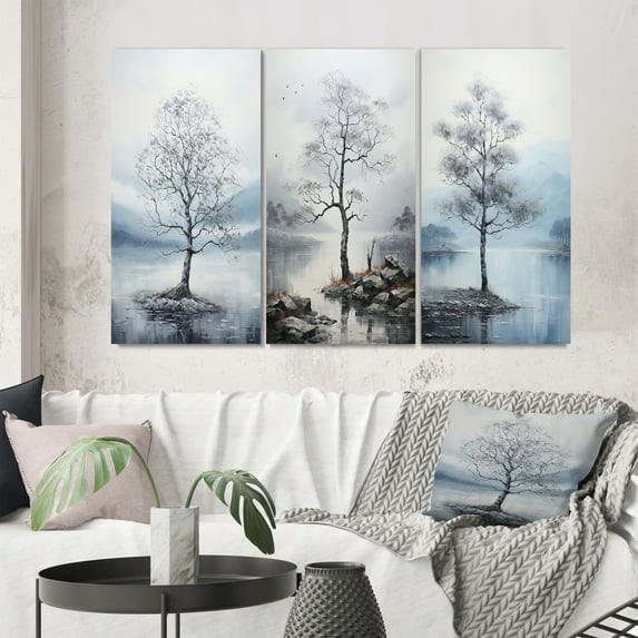 Designart "Grey Tree Monochrome Landscape IV" Floral & Botanical Wall Art Set Of 3 - Grey Tree Monochrome Gallery Set For Office Decor
