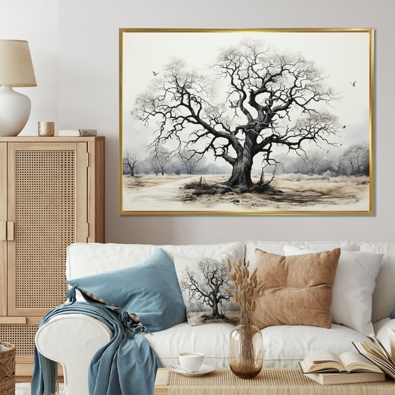 Designart "Grey Tree Silent " Floral Floater Framed Canvas Wall Art