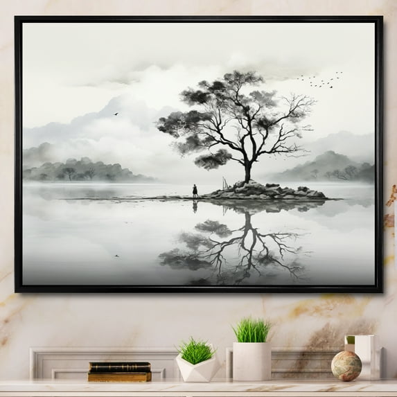 Designart "Grey White Minimalism Tree Ink euphony I" Landscape Trees Floater Framed Wall Art Living Room