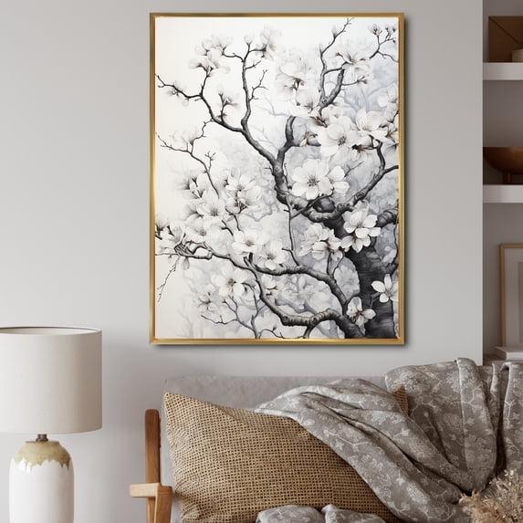 Designart "Grey White Tree Graphite I" Landscape Trees Floater Framed Wall Art Print