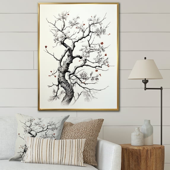 Designart "Grey White Tree Graphite II" Landscape Trees Floater Framed Canvas Wall Art
