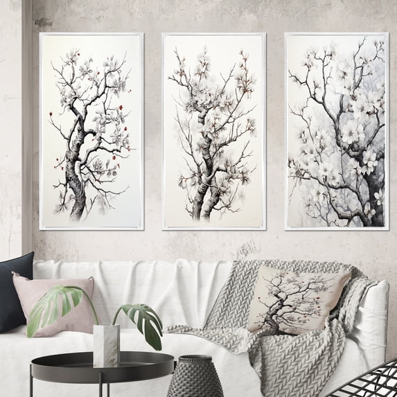 Designart "Grey White Tree Graphite II" Landscape Trees Framed Wall Art Set Of 3 - Grey Trees Frame Gallery Set For Office Decor
