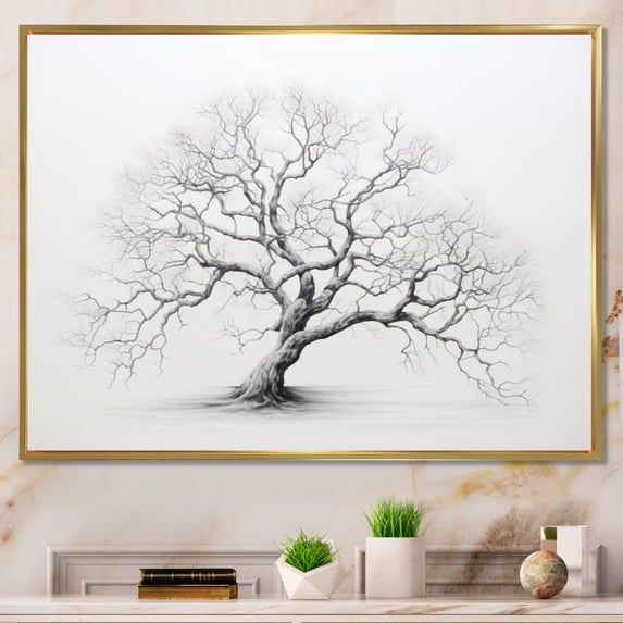 Designart "Grey White Tree Subtle Charm II" Floral Floater Framed Wall Art Print