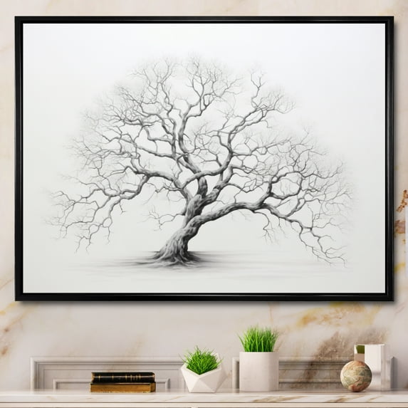 Designart "Grey White Tree Subtle Charm II" Floral Floater Framed Wall Art Print