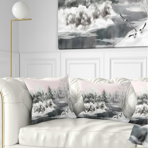 Designart Grey Winter Vector - Landscape Watercolor Throw Pillow - 16x16