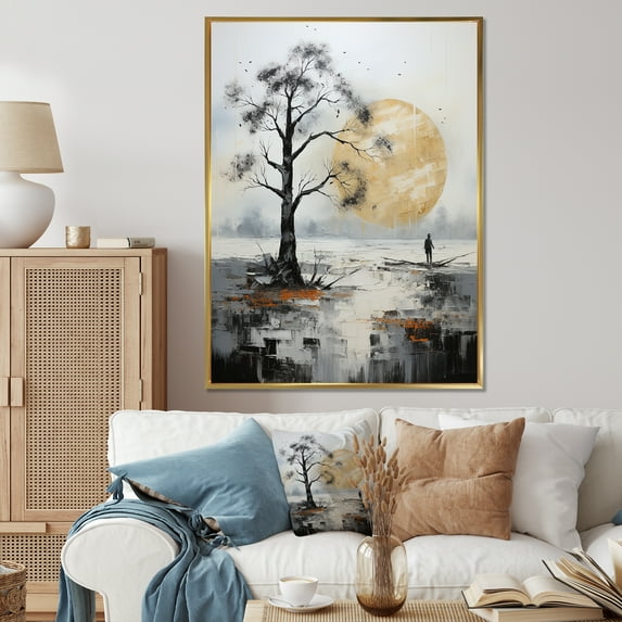 Designart "Grey Yellow Minimalism Tree silence I" Minimalism Floater Framed Canvas Print