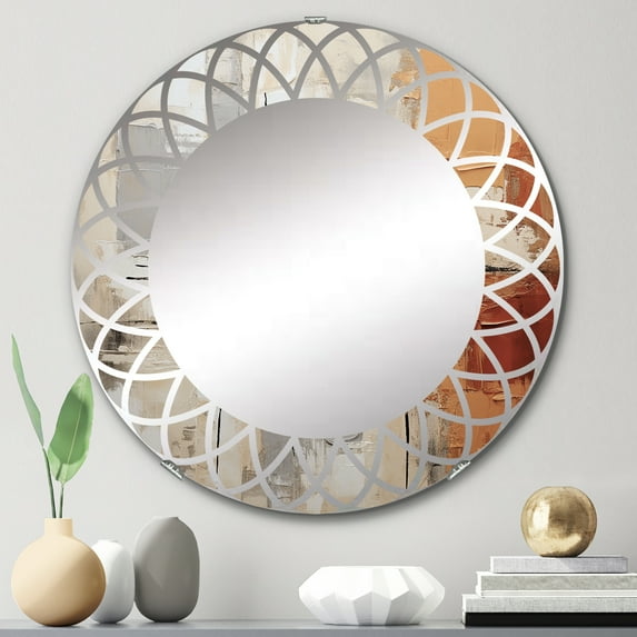 Designart "Grey Yellow Orange Expressions" Abstract Collages Round Wall Mirror - Abstract Oval Mirror