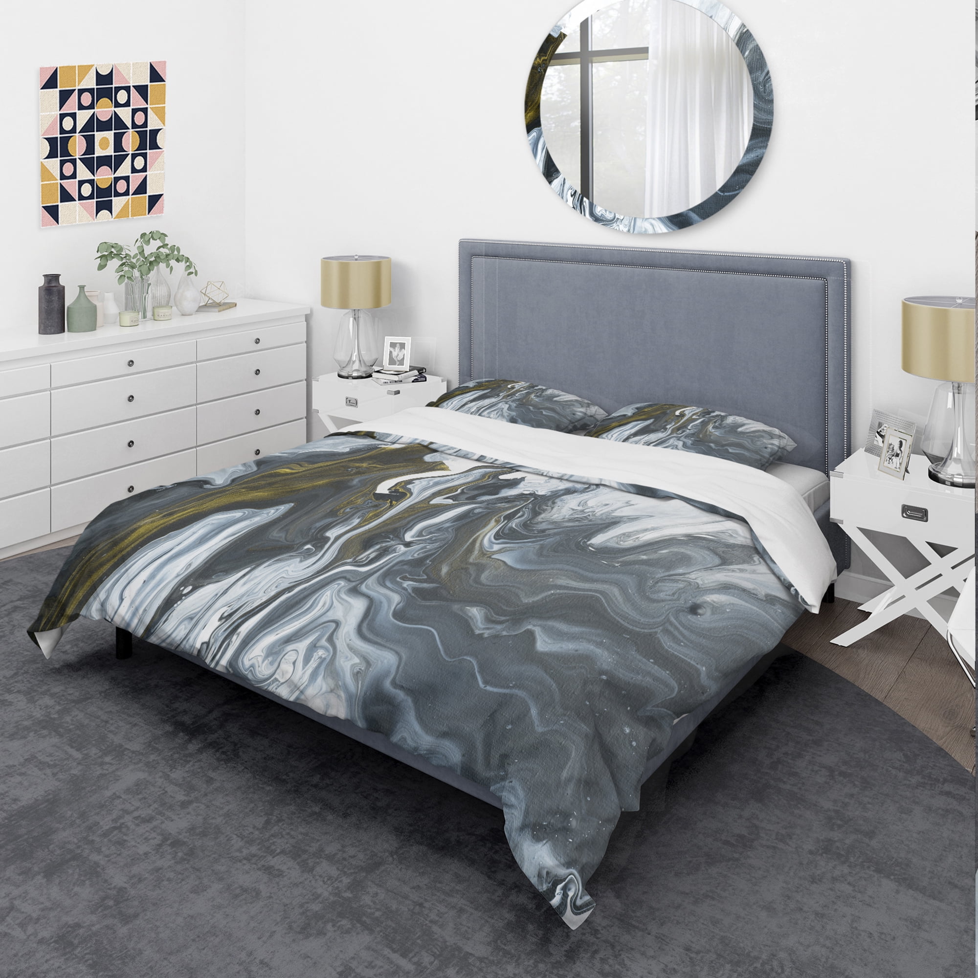 Designart 'Grey, Yellow and White Hand Painted Marble Acrylic' Mid-Century Modern Duvet Cover Set