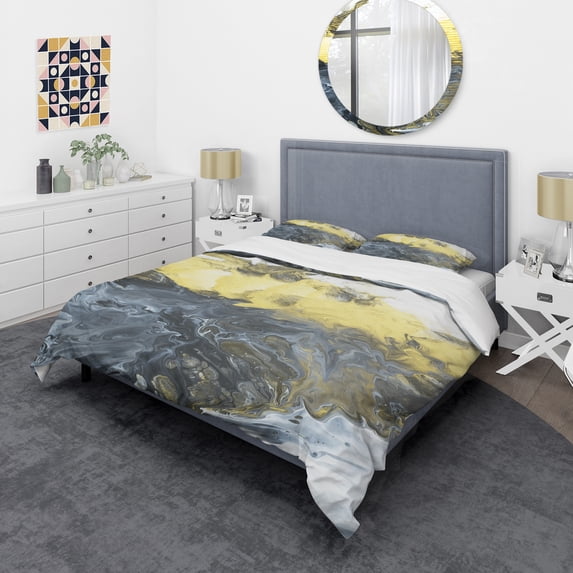 Designart 'Grey, Yellow and White Hand Painted Marble Composition' Mid-Century Modern Duvet Cover Set