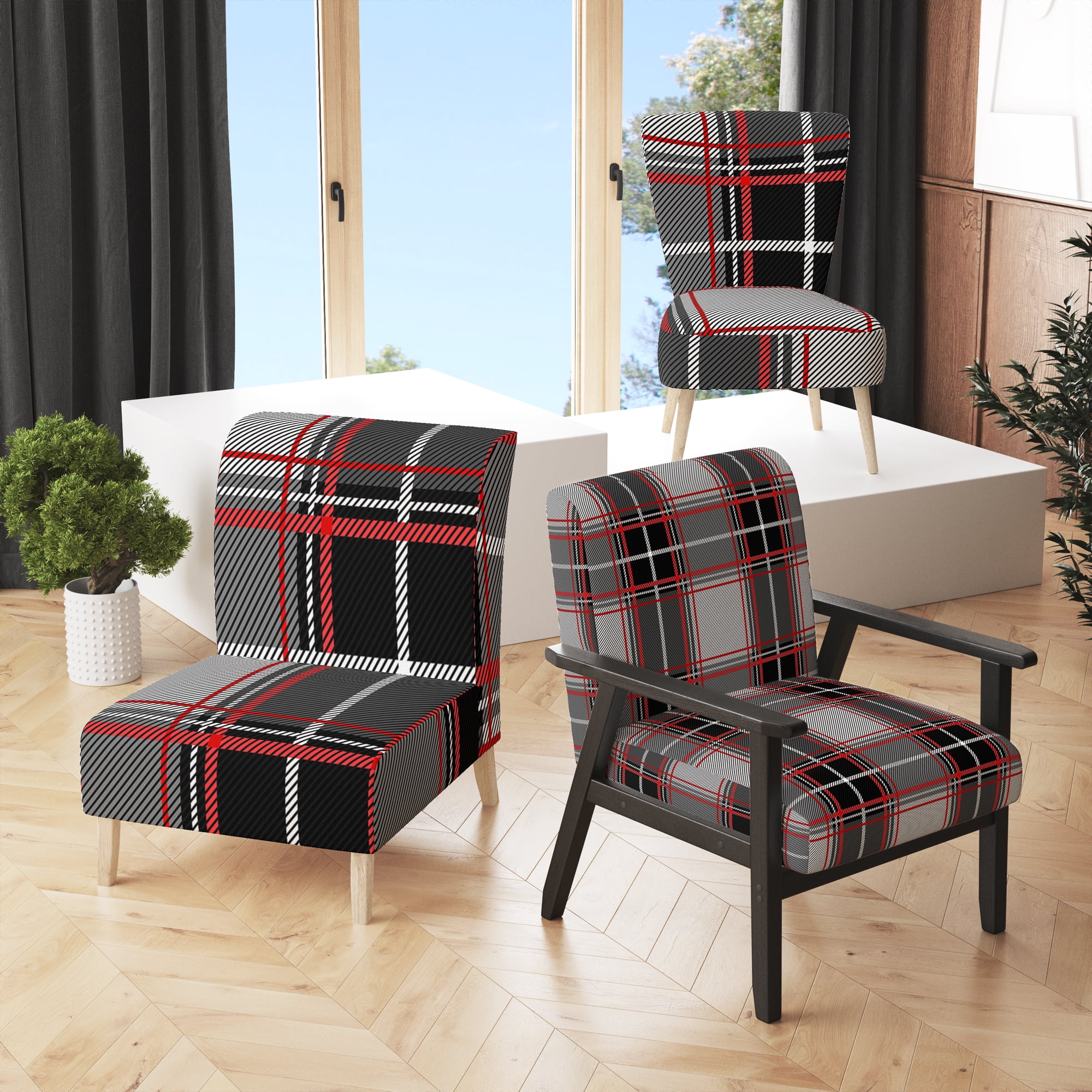 Designart Grey and Red Checked Tartan Upholstered Patterned Accent Chair and Arm Chair