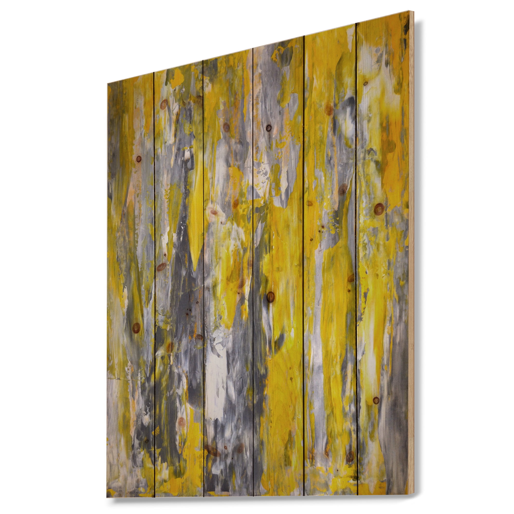 Designart Grey and Yellow Abstract Print on Natural Pine Wood Art Print, 12" x 20"