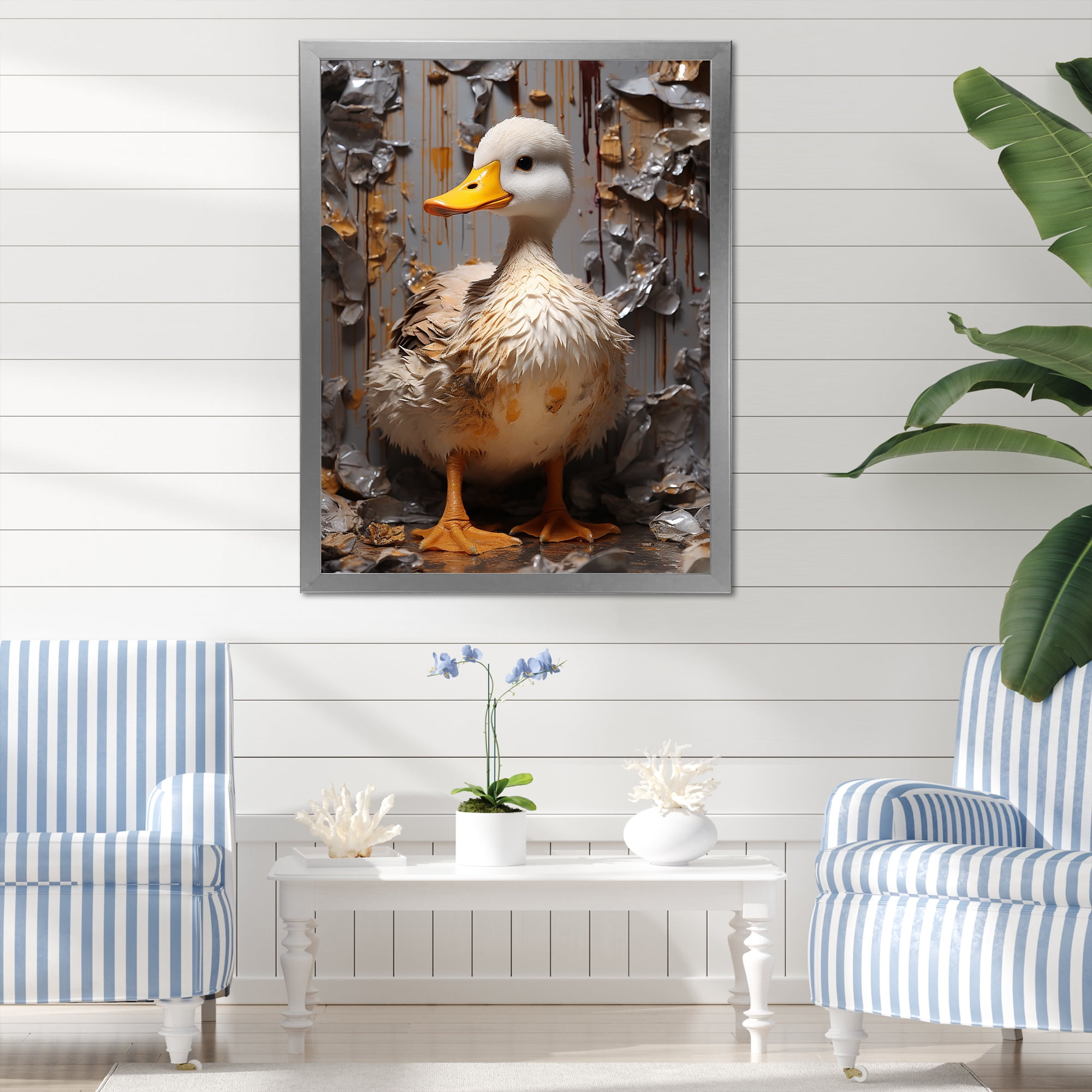 Designart "Grey and Yellow Duck Elegance" Animals Framed Wall Art