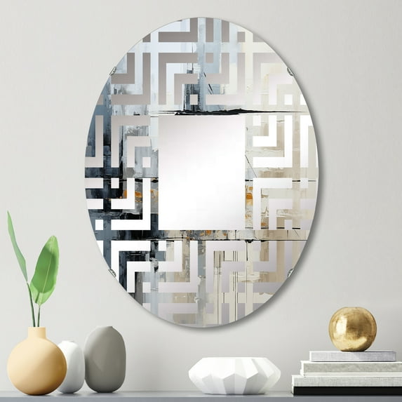 Designart "Grey composition Reflections II" Abstract Collages Maze Round Wall Mirror - Abstract Oval Printed Decorative Mirror - Multiple Color Options