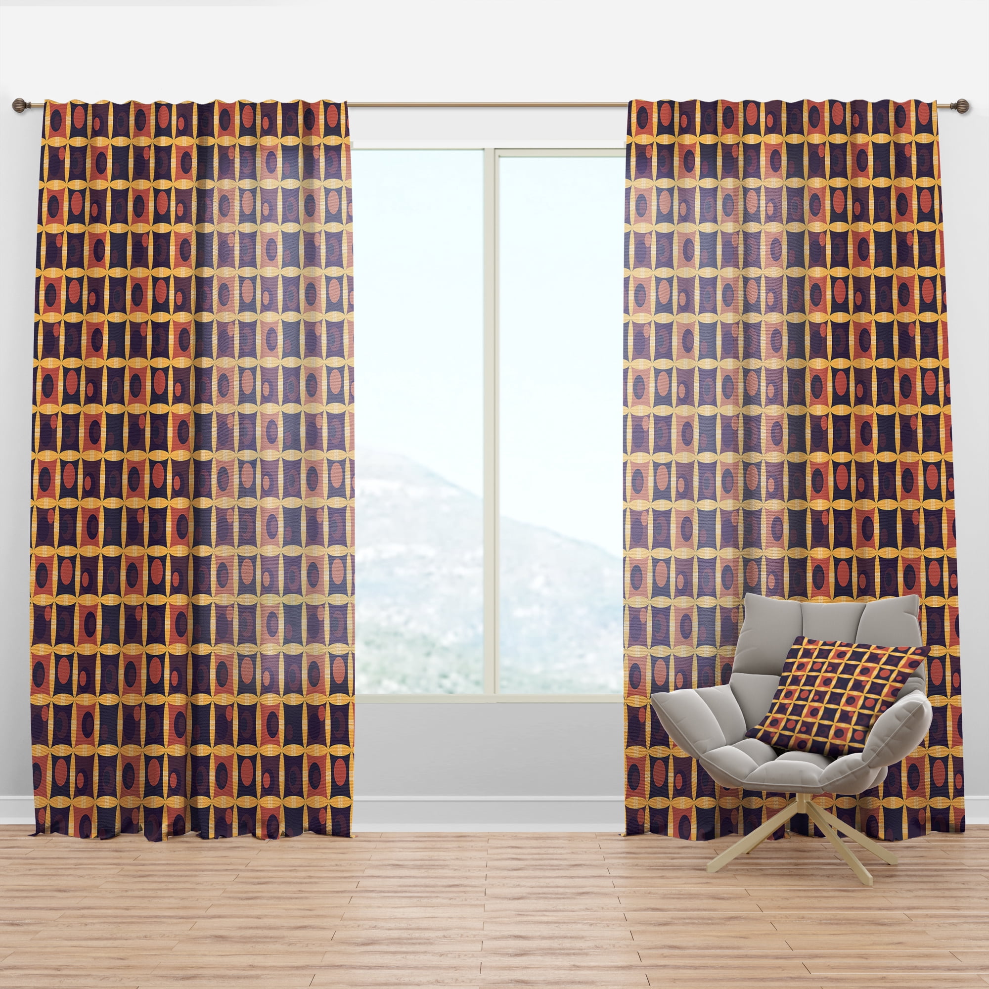 Designart 'Grid in Orange Retro' Mid-Century Modern Curtain Panel