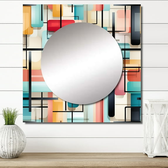 Designart "Gridlock Of Geometric Patterns In Green And Pink II" 0 Square Mirror For Wall Decor - Large Black Square Printed Wall Mirror Art - Square Modern Mirror - Wall Mounted Square Large Mirror