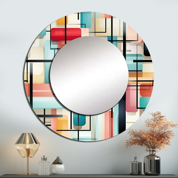 Designart "Gridlock Of Geometric Patterns In Green And Pink II" Geometric Rund Mirror For Wall Decor - Large Black Round Printed Mirror -Modern Round Living Room Mirror - 23" x 23"