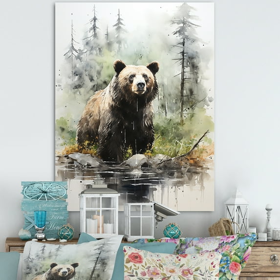 Designart "Grizzly Bear Wilderness Brown Majesty II" Animals Canvas Wall Art - Traditional Brown Bear Hallway Wall Art Decor