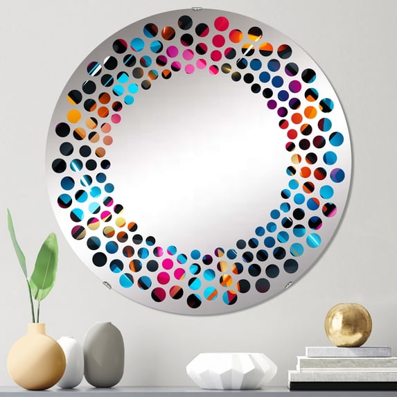 Designart "Groovy Neon Grid in Pop Art II" Geometric Polka Dot Round Wall Mirror - Oval Printed Decorative Mirror - Multiple Color Options