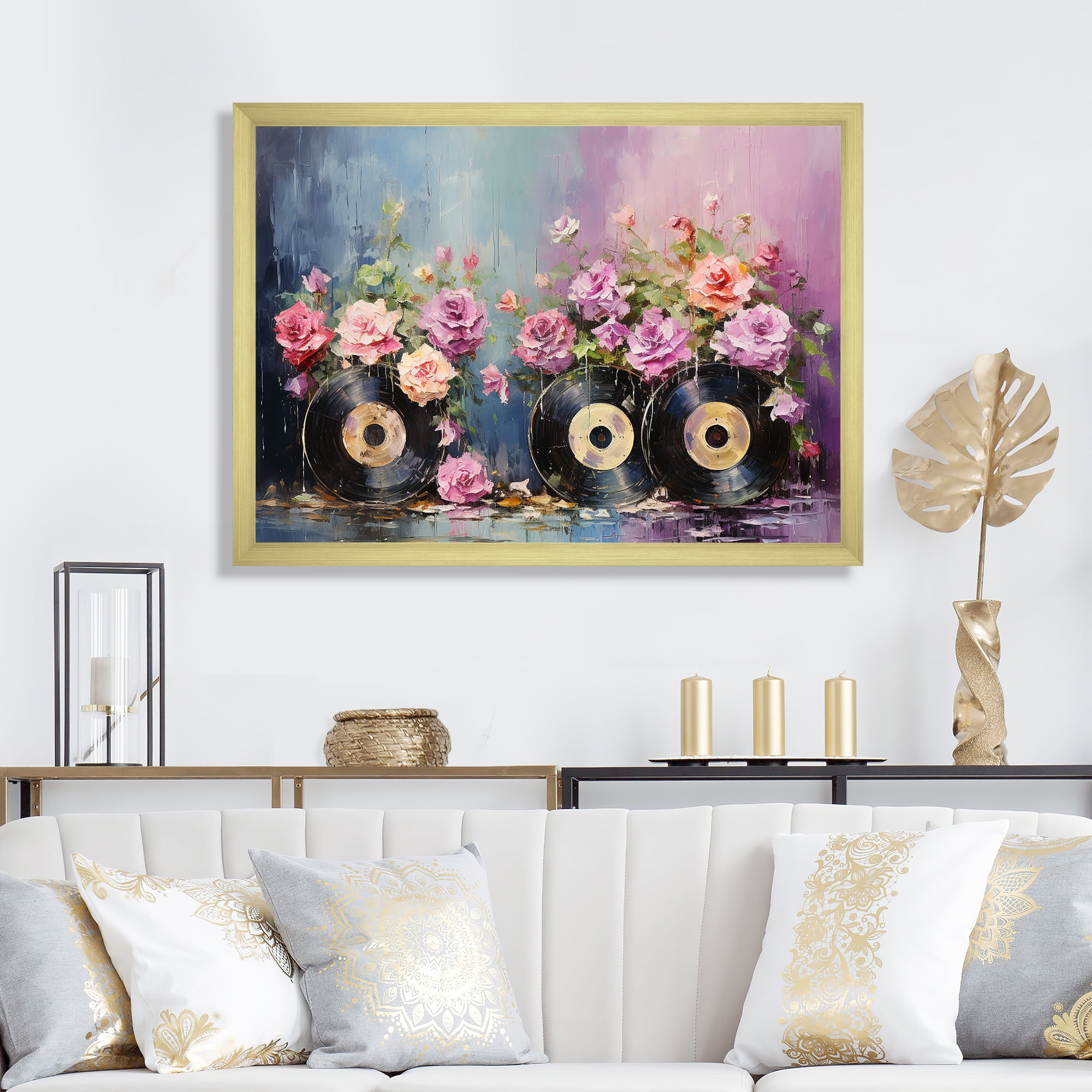 Designart "Groovy Vinyls Abstract Floral Beats" Fashion Framed Wall Art