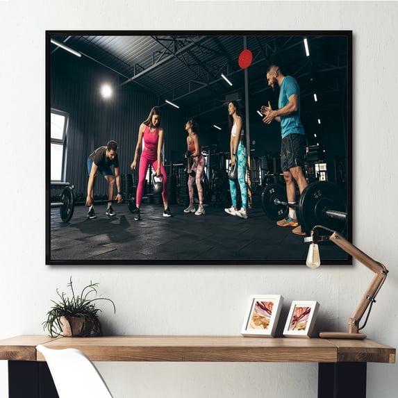 Designart "Group Training For Bodybuilding" Aerobic & Bodybuilding Floater Framed Canvas Art Print