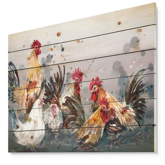 Designart 'Group of Rooster in Gray Farm background ' Animal Print on Natural Pine Wood