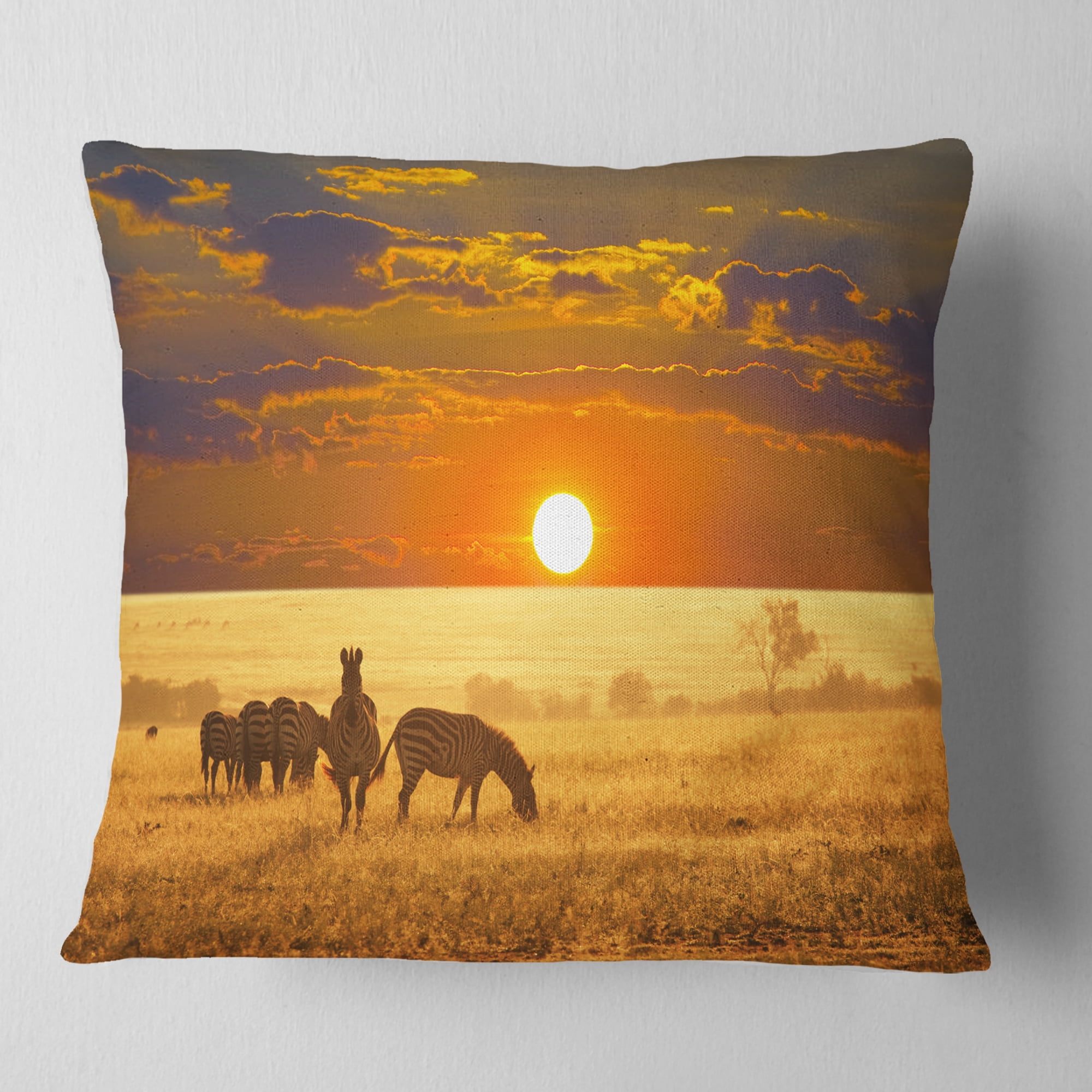Designart Group of Zebras Grazing At Sunset - Animal Throw Pillow - 18x18