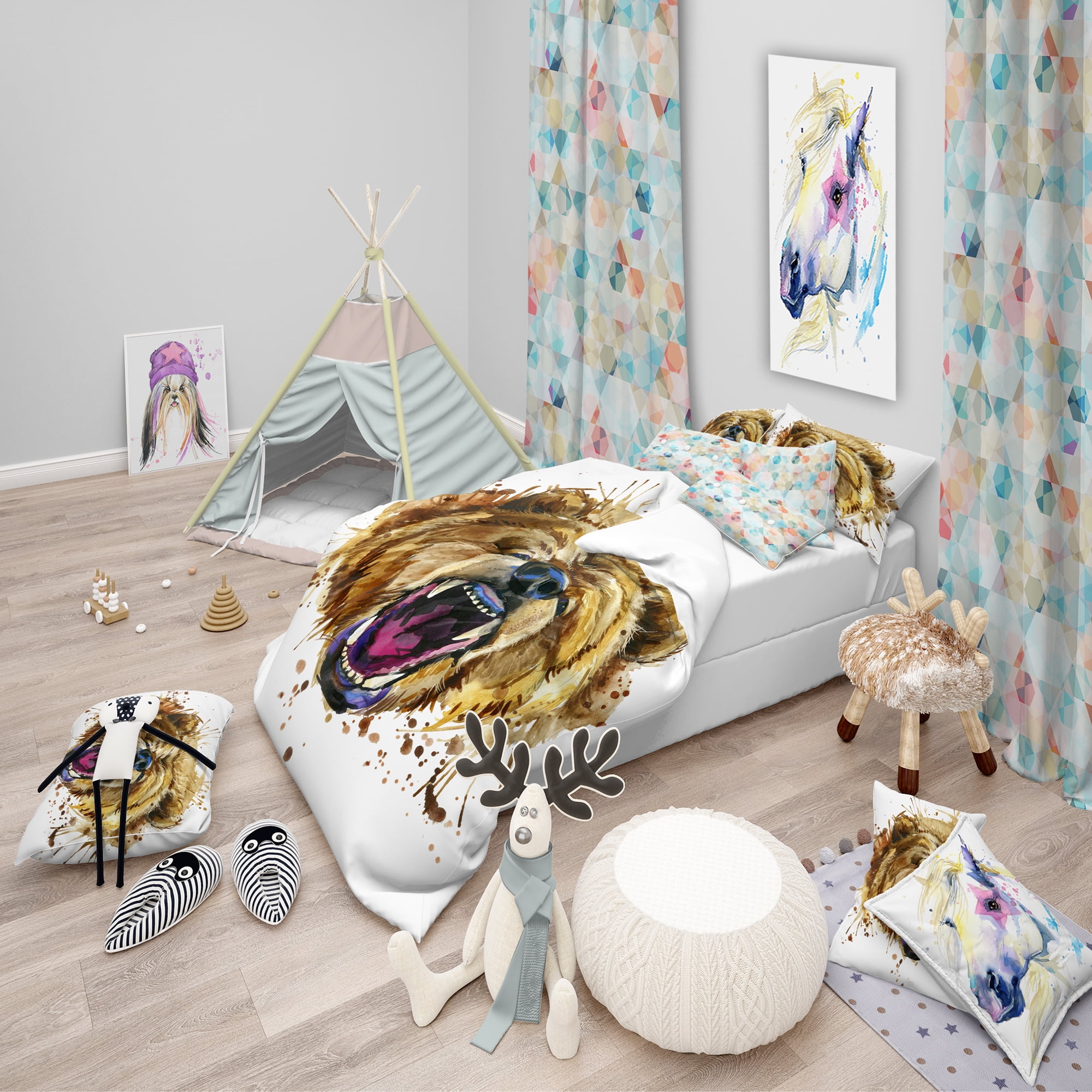 Designart 'Growling Grizzly Bear Watercolor' Modern & Contemporary Duvet Cover Set