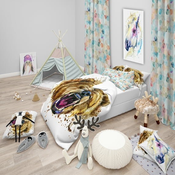 Designart 'Growling Grizzly Bear Watercolor' Modern & Contemporary Duvet Cover Set