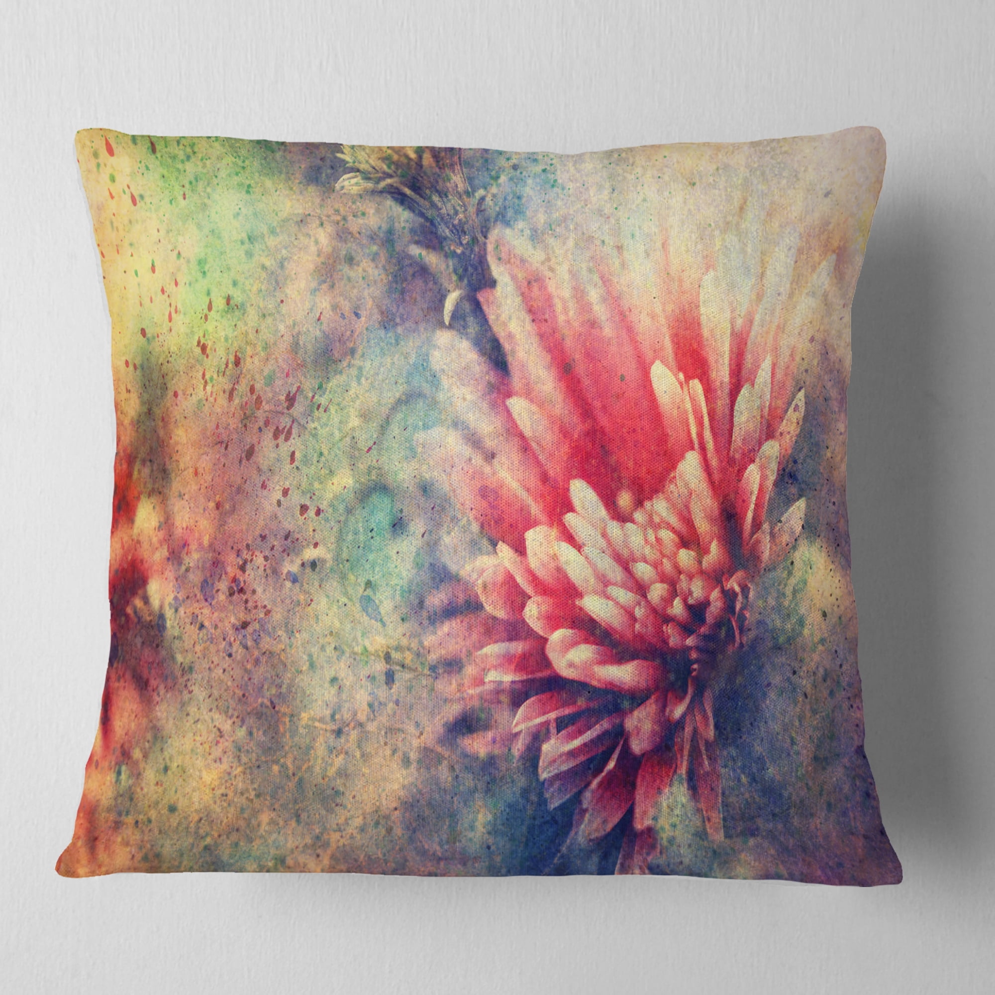 Designart Grunge Art with Flower and Splashes - Flower Throw Pillow - 18x18