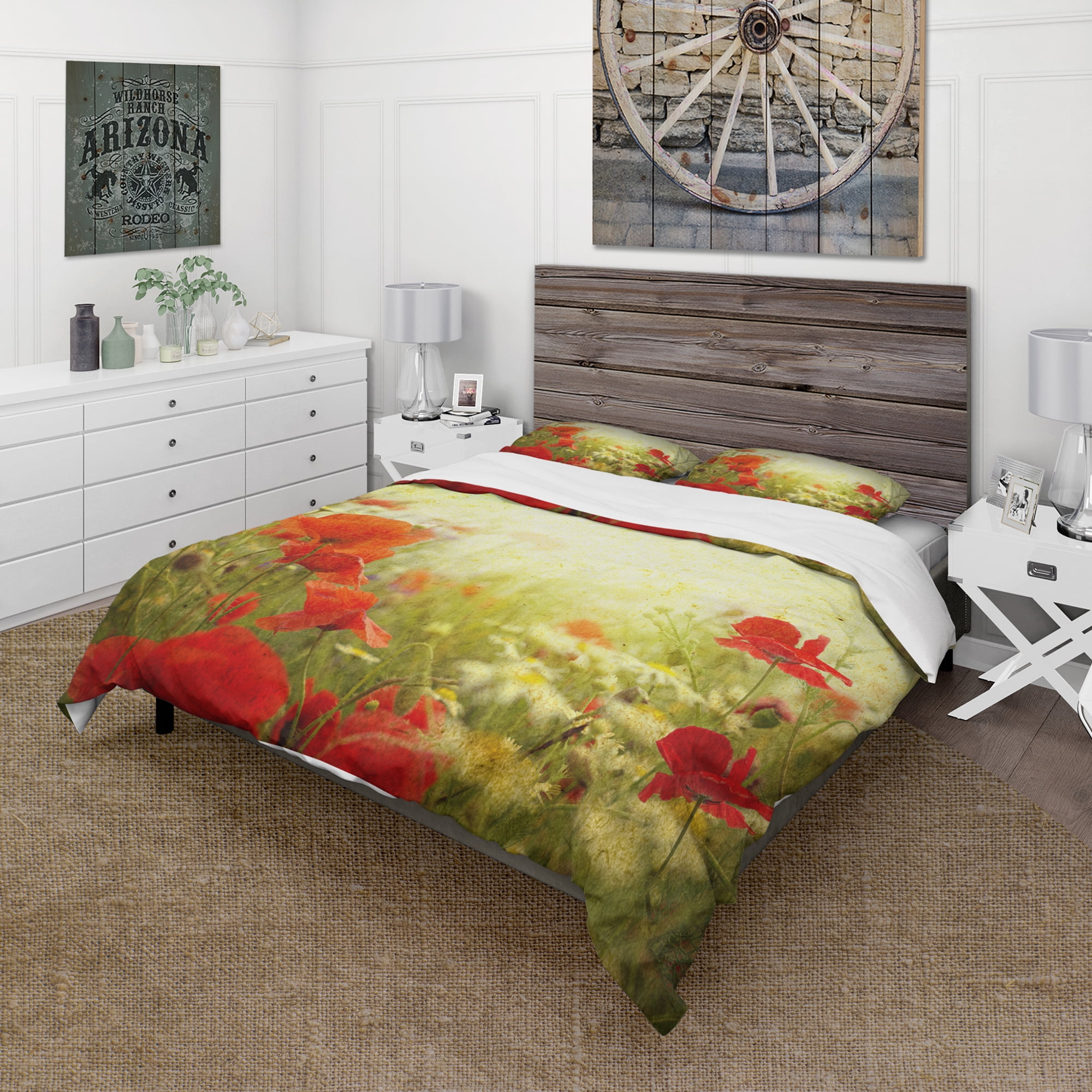 Designart 'Grunge Background with Red Poppies' Country Duvet Cover Set