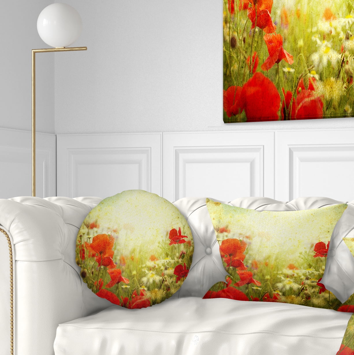 Designart Grunge Background with Red Poppies - Floral Throw Pillow - 12x20