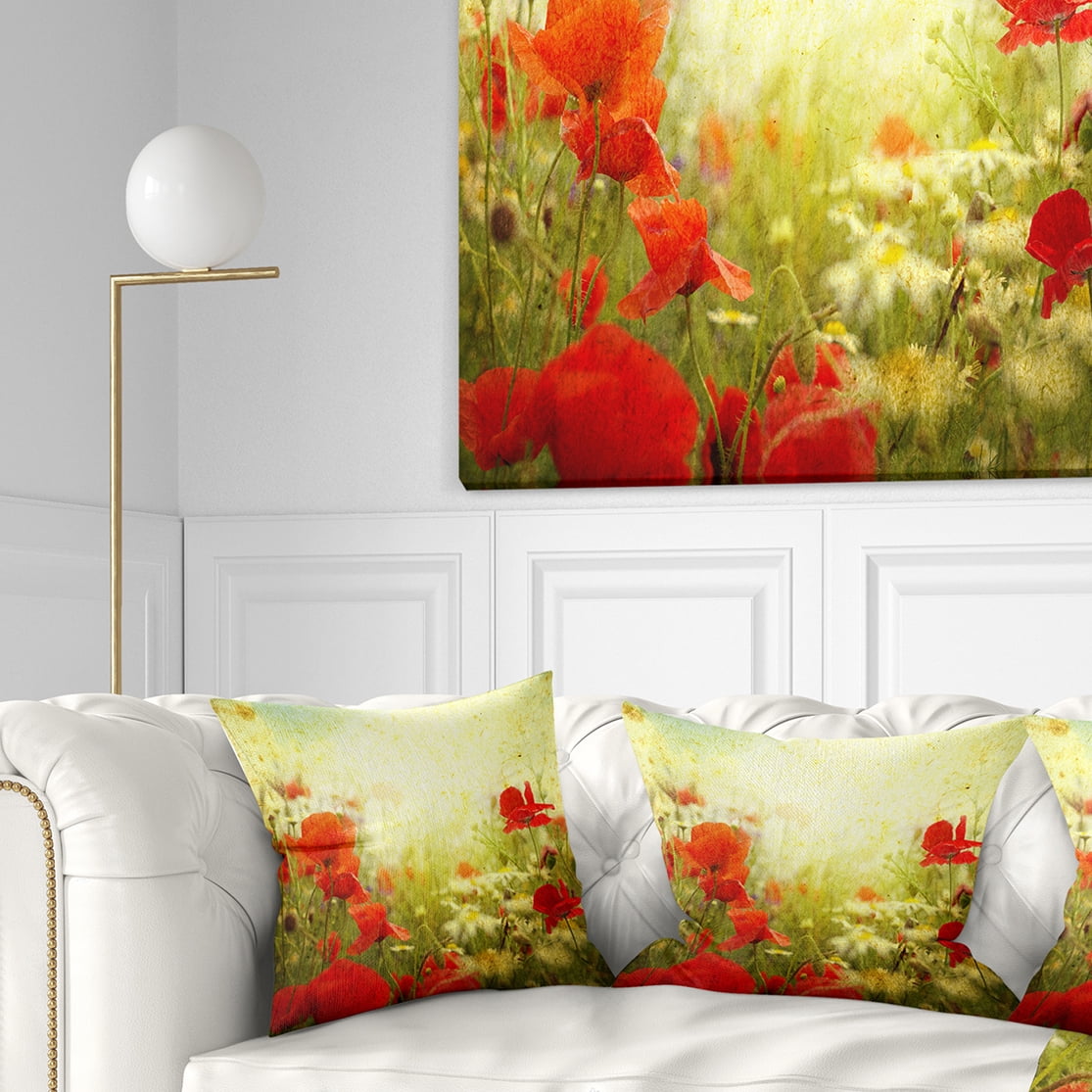 Designart Grunge Background with Red Poppies - Floral Throw Pillow - 18x18