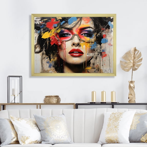 Designart "Grunge Collage of Woman in Red I" Fashion Framed Wall Art Decor - Glam Red Fashion Woman Entryway Framed Wall Art