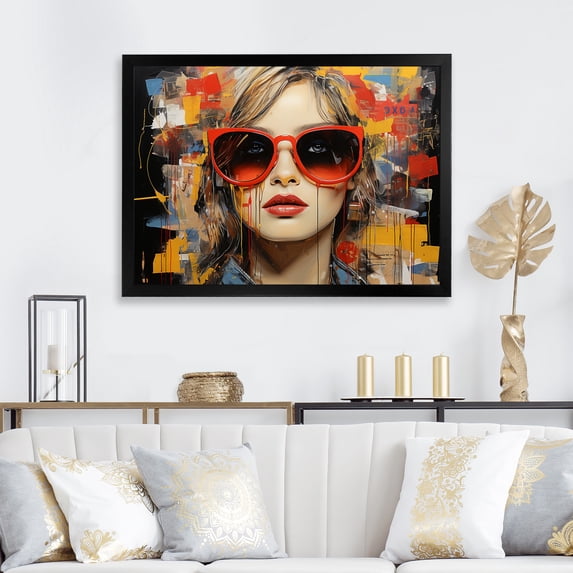 Designart "Grunge Collage of Woman in Red II" Fashion Framed Wall Art Decor - Glam Red Fashion Woman Entryway Framed Wall Art Print