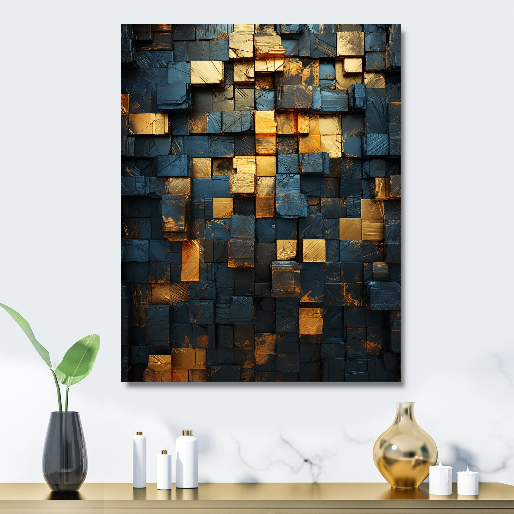 Designart "Abstract Geometric Grunge Gold Cubes V" Abstract Tile Metal