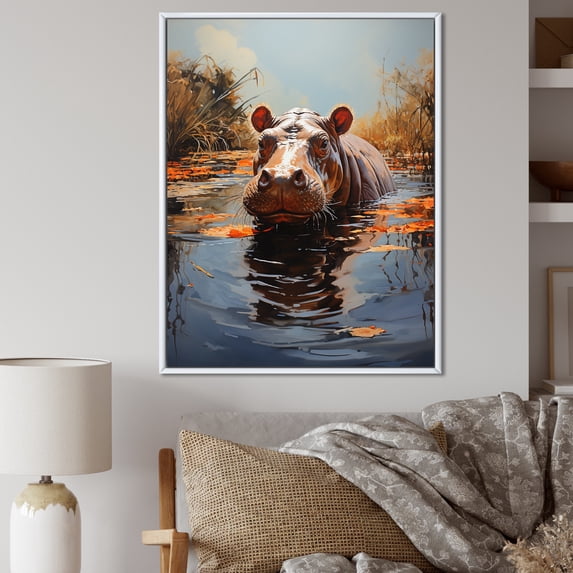 Designart "Guardian of the Savannah in Grey Hippo I" Animals Framed Wall Art - Modern Grey Hippopotamus Bedroom Framed Canvas Wall Art