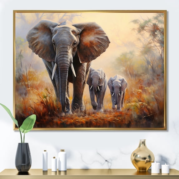 Designart "Guardianship of the Elephant Family" Animals Floater Framed Wall Art Living Room
