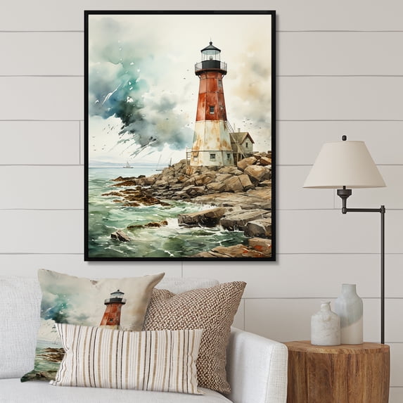 Designart "Guiding Light Vintage Lighthouses V" Nautical & Beach Floater Framed Canvas Art Print