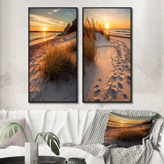 Designart "Gulf Shores in the Golden Hour in Alabama VI" Alabama Framed Wall Art Set Of 2 - Beige Landscapes Framed Canvas Set For Living Room Decor