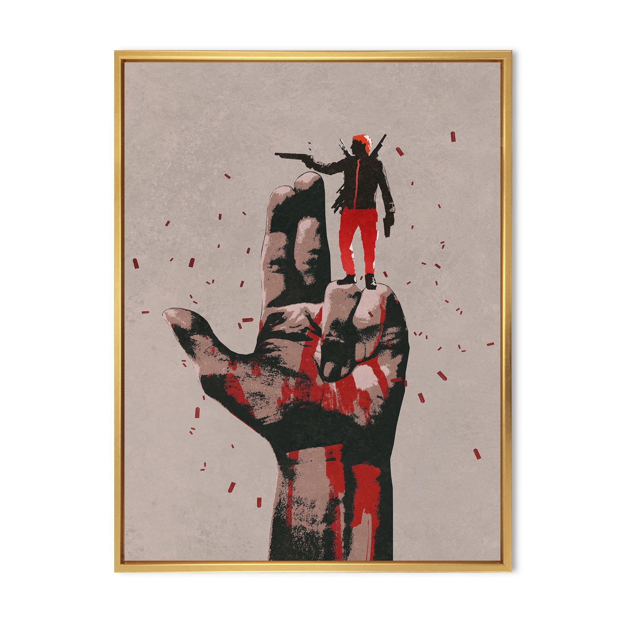 Designart 'Gun Hand Sign With Man Shooting Gun' Modern Framed Canvas Wall Art Print