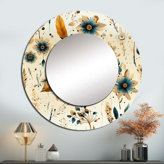 Designart "Gypsy Rustic Fusion" Floral Rund Mirror For Wall Decor - Large Brown Round Printed Mirror -Cottage Round Living Room Mirror - 23" x 23"