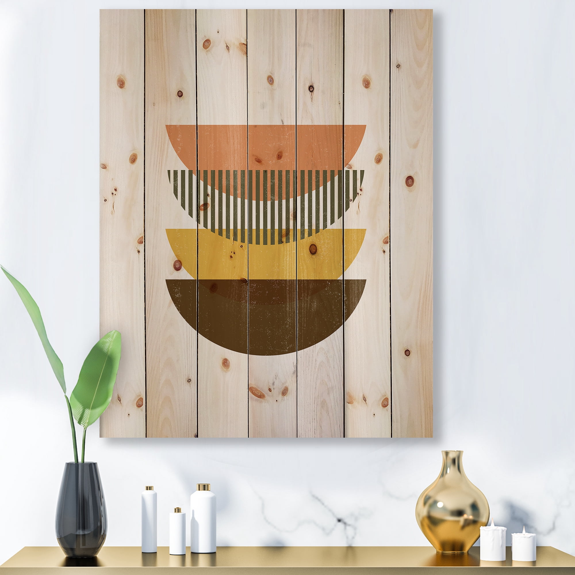 Designart 'Half Moons In Earth Tones Abstract Geometric Art' Modern Print on Natural Pine Wood