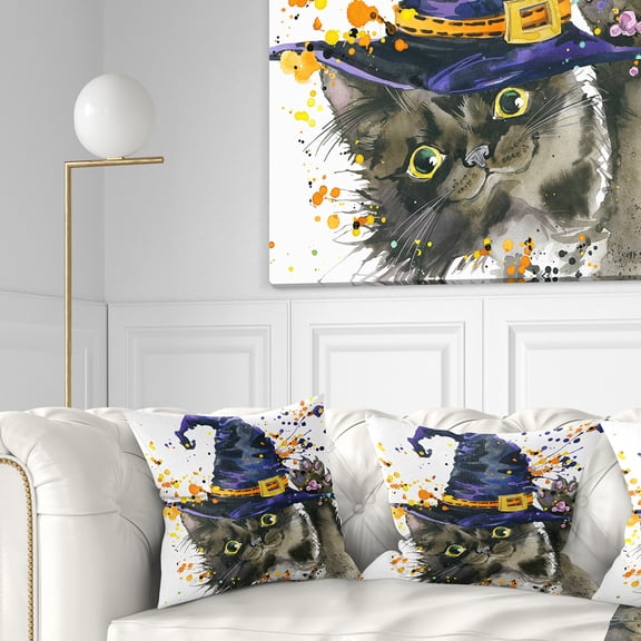 Designart Halloween Cat and Witch Hat - Contemporary Animal Throw Pillow - 16x16