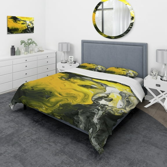 Designart 'Hand Painted Acrylic Marble with Yellow and Black' Modern & Contemporary Duvet Cover Set