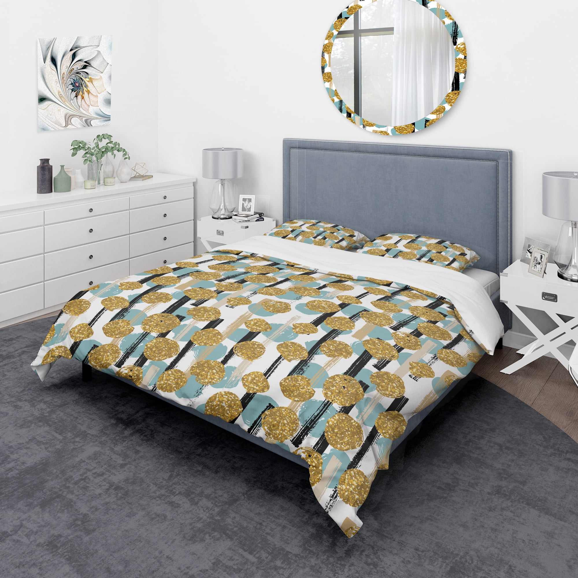 Designart 'Hand drawn Blue and Golden Glitter Circles' Modern & Contemporary Duvet Cover Set