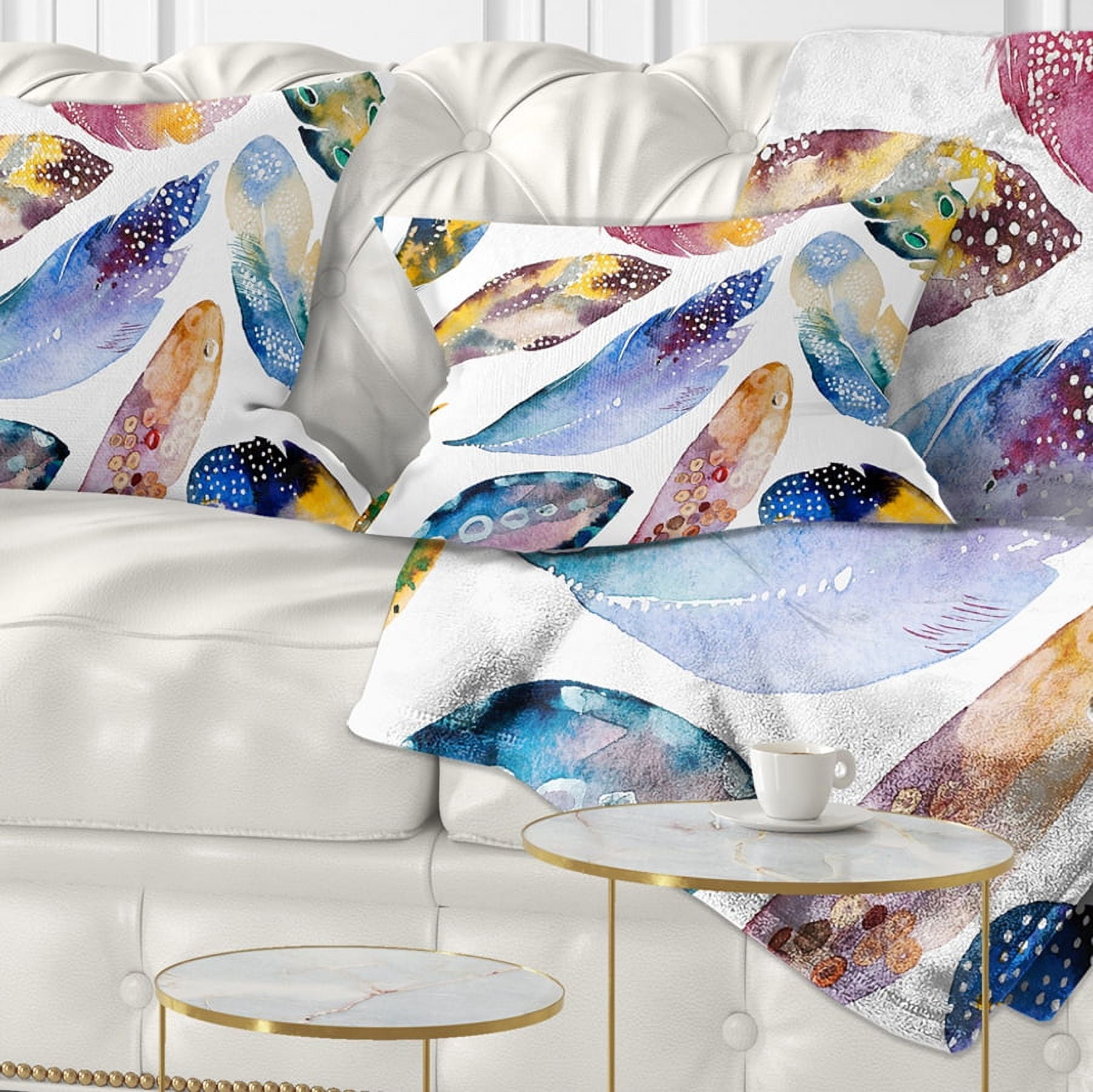 Designart Hand drawn Feather Set - Watercolor Throw Pillow - 12x20