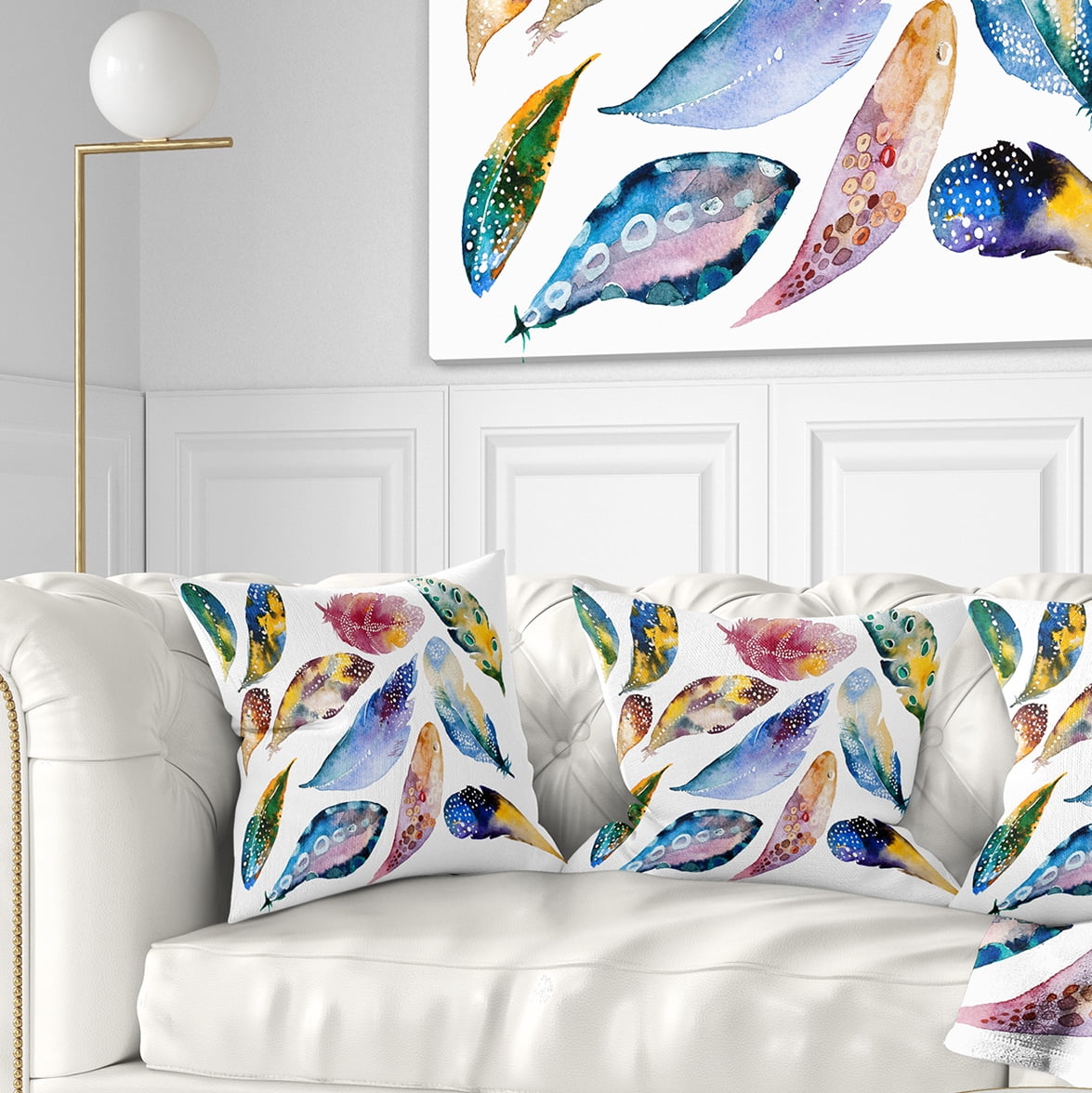 Designart Hand drawn Feather Set - Watercolor Throw Pillow - 18x18