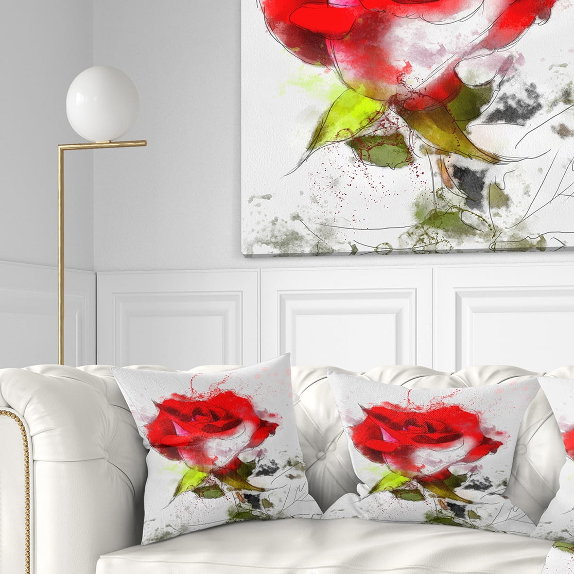Designart Hand drawn Watercolor Rose Flower - Floral Throw Pillow - 16x16