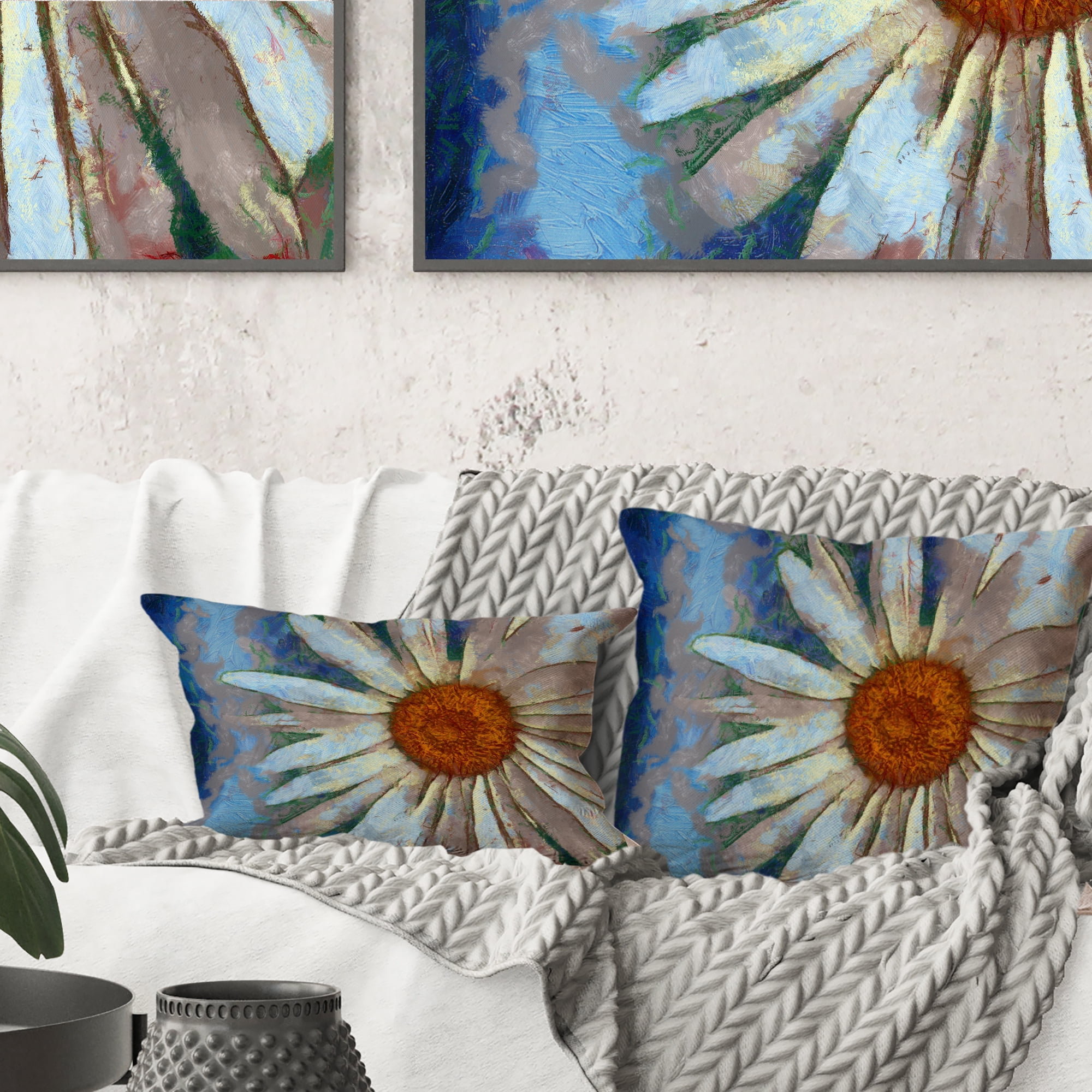 Designart Hand drawn White Chamomile Flower - Flower Throw Pillow - 18x18